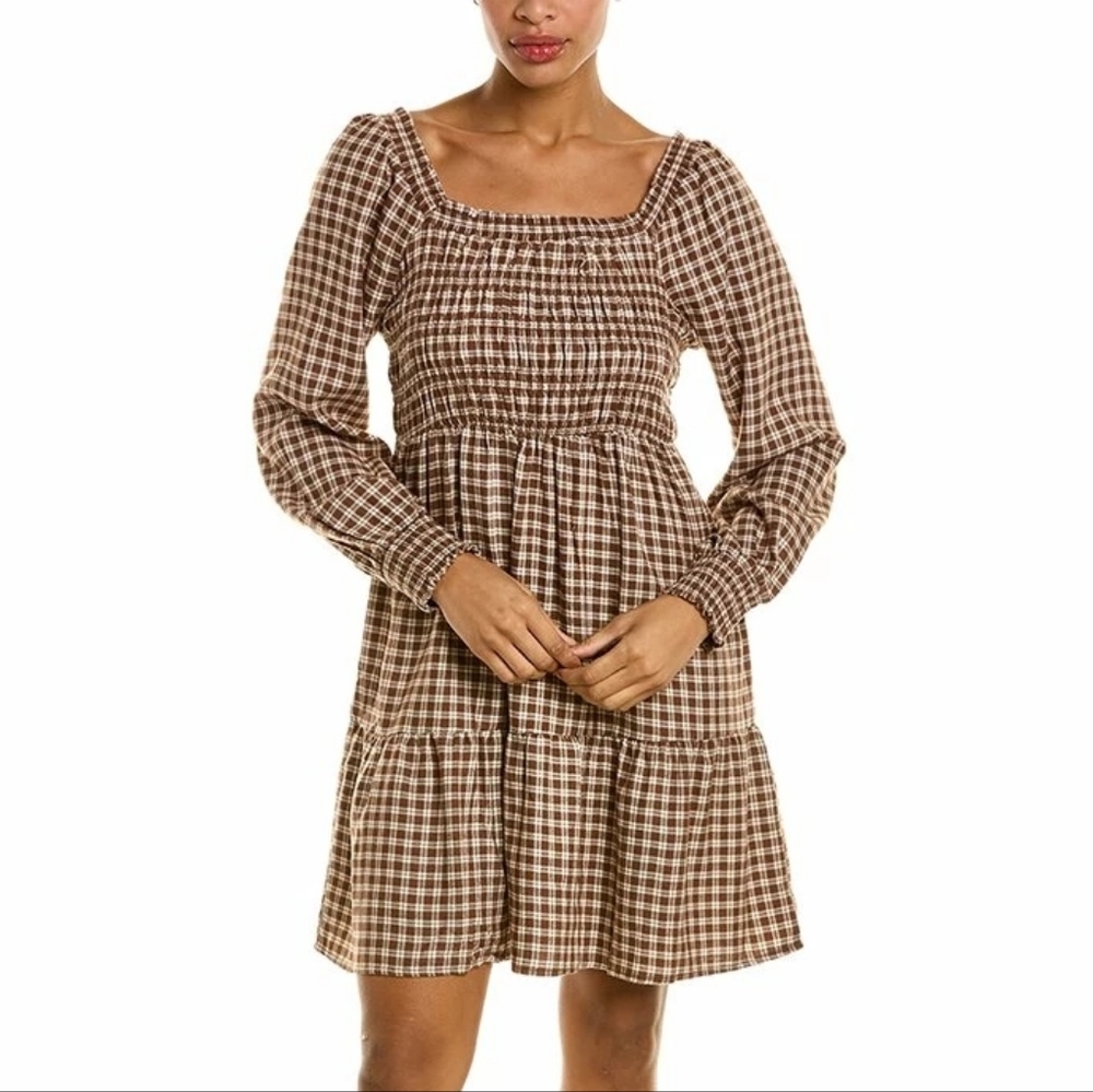Lucky Brand Brown Plaid Gingham Smocker Tiered Prarie Dress Women's Size XL NWT